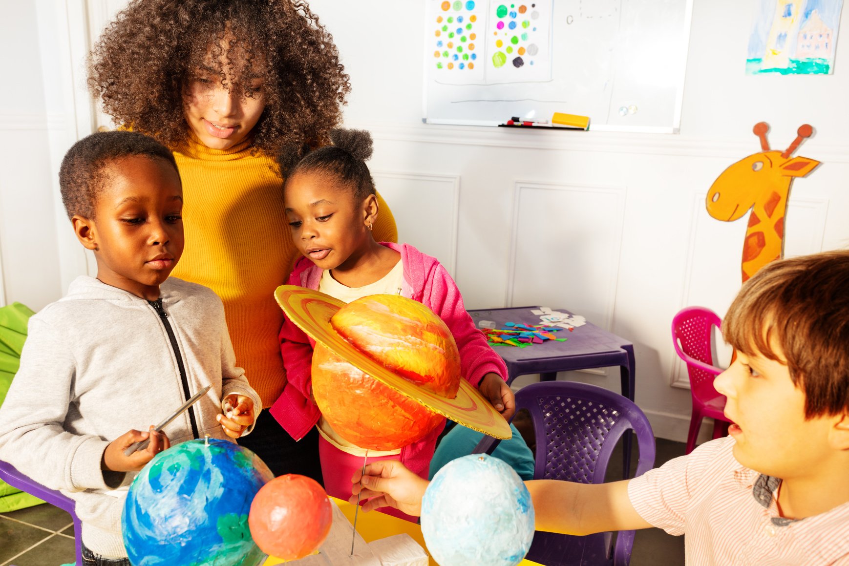 Diverse Little Kids Learn Solar System Planets